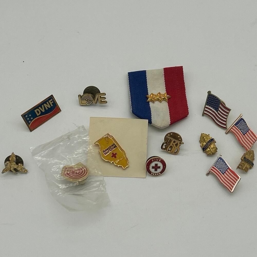 Vintage Pin Lot of 13 Mixed Patriotic Red Cross DVNF Flags Perfect Attendance
